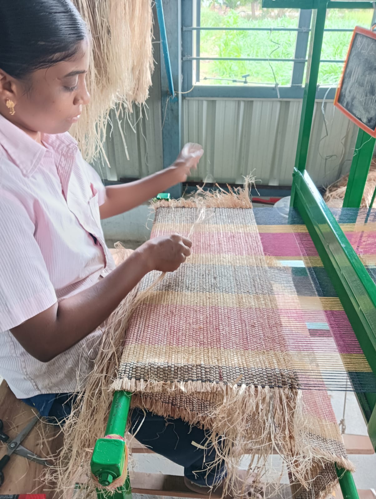 Close-up of banana fibre yoga mat being woven